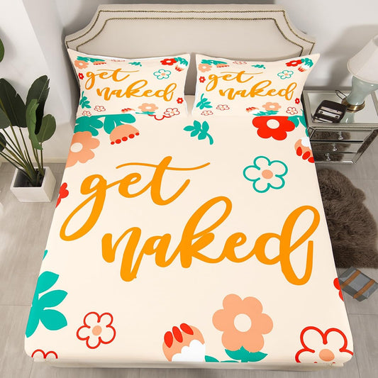 Kids Cartoon Floral Bed Sheet Set Full Size Get Naked Bedding Set for Boys Girls Teens Decor Funny Cute Flowers Fitted Sheet Colorful Blossom Bedding Sheets Bedroom Collection 3Pcs