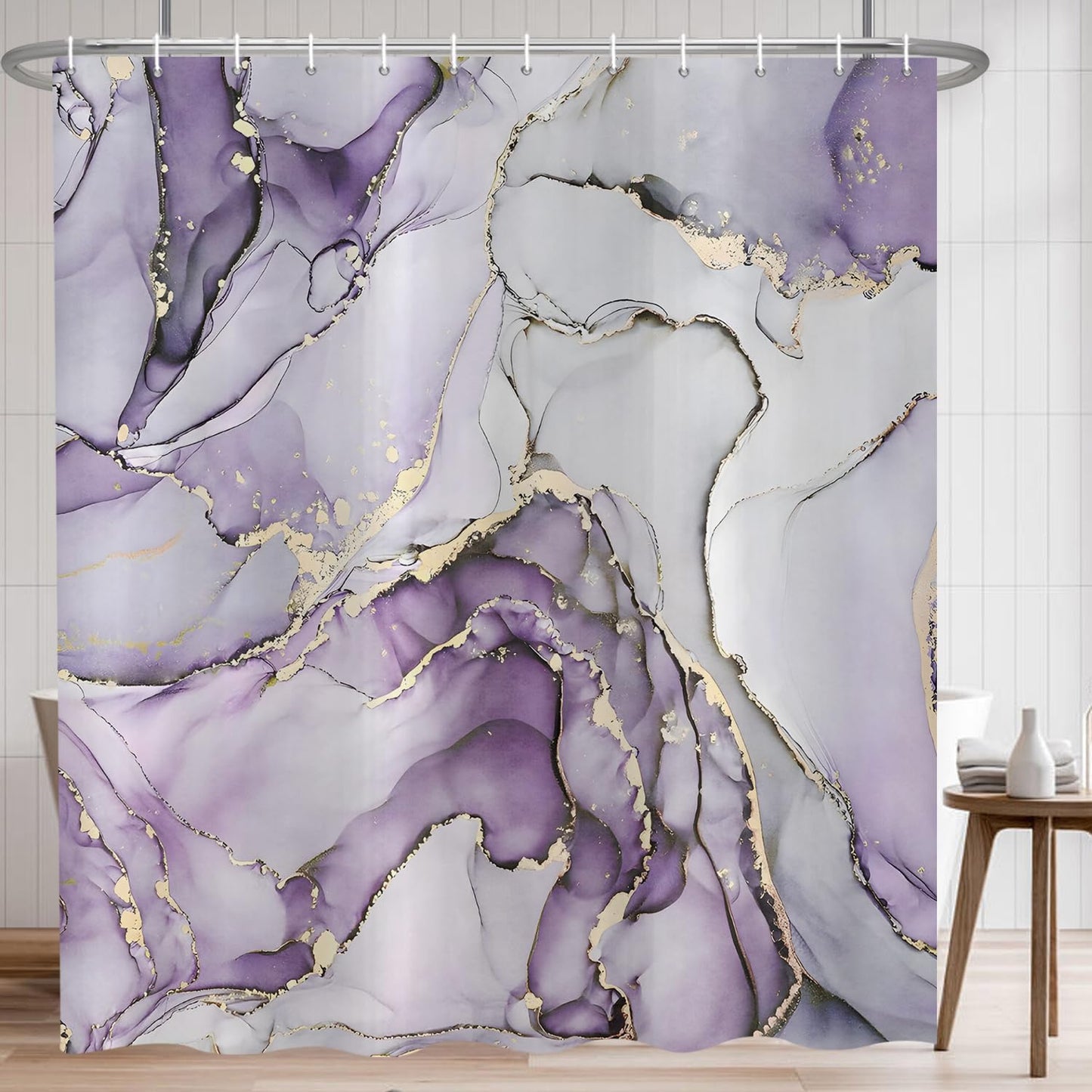 CRTPOD Purple Marble Shower Curtain, Modern Abstract Luxury Purple Gold Ink Texture Watercolor Art Bathroom Curtains Ombre Machine Washable Waterproof Fabric Bathtub Curtain Set with Hooks 72" Wx72 L