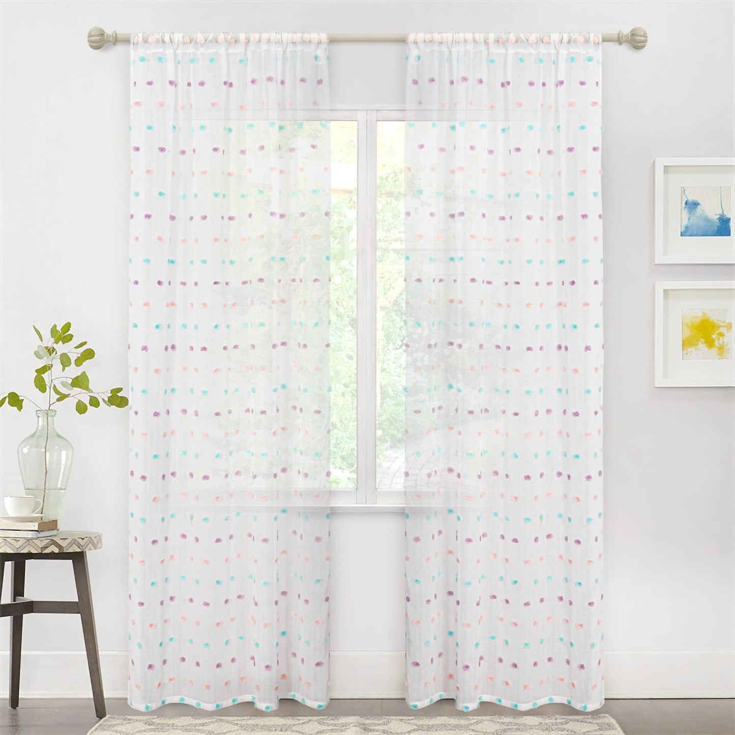 MYSKY HOME Rainbow Pom Pom Curtains for Living Room Light Filtering 84 Inch Long Bedroom Curtains for Nursery Girls Kids Room Rod Pocket Bohemian Voile Window Drapes 52 x 84 inch 2 Panels