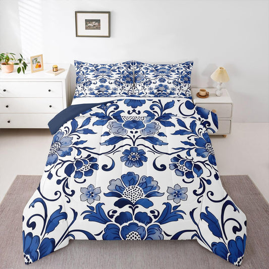 Erosebridal Blue Damask Comforter Set Bohemian Exotic Floral Full Size Bedding Sets for Tween Boys Girls | Antique Victorian Baroque Comforter Vintage Botanical Bed Set, Kawaii Room Decor Aesthetic