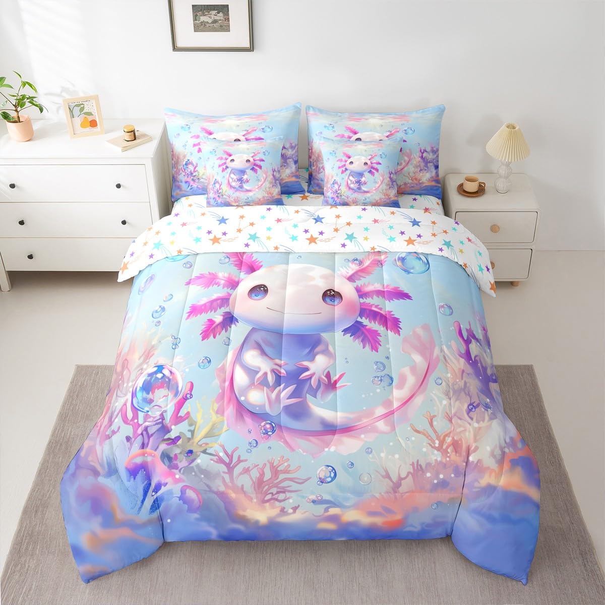 Erosebridal Queen Size Girls Cute Axolotl Bed in A Bag (7 Pieces) | Kids Sea Ocean Animal Comforter Set with Sheets Girly Cartoon Axolotl Bedding Set for Teens Kawaii Salamander Quilt Duvet Insert