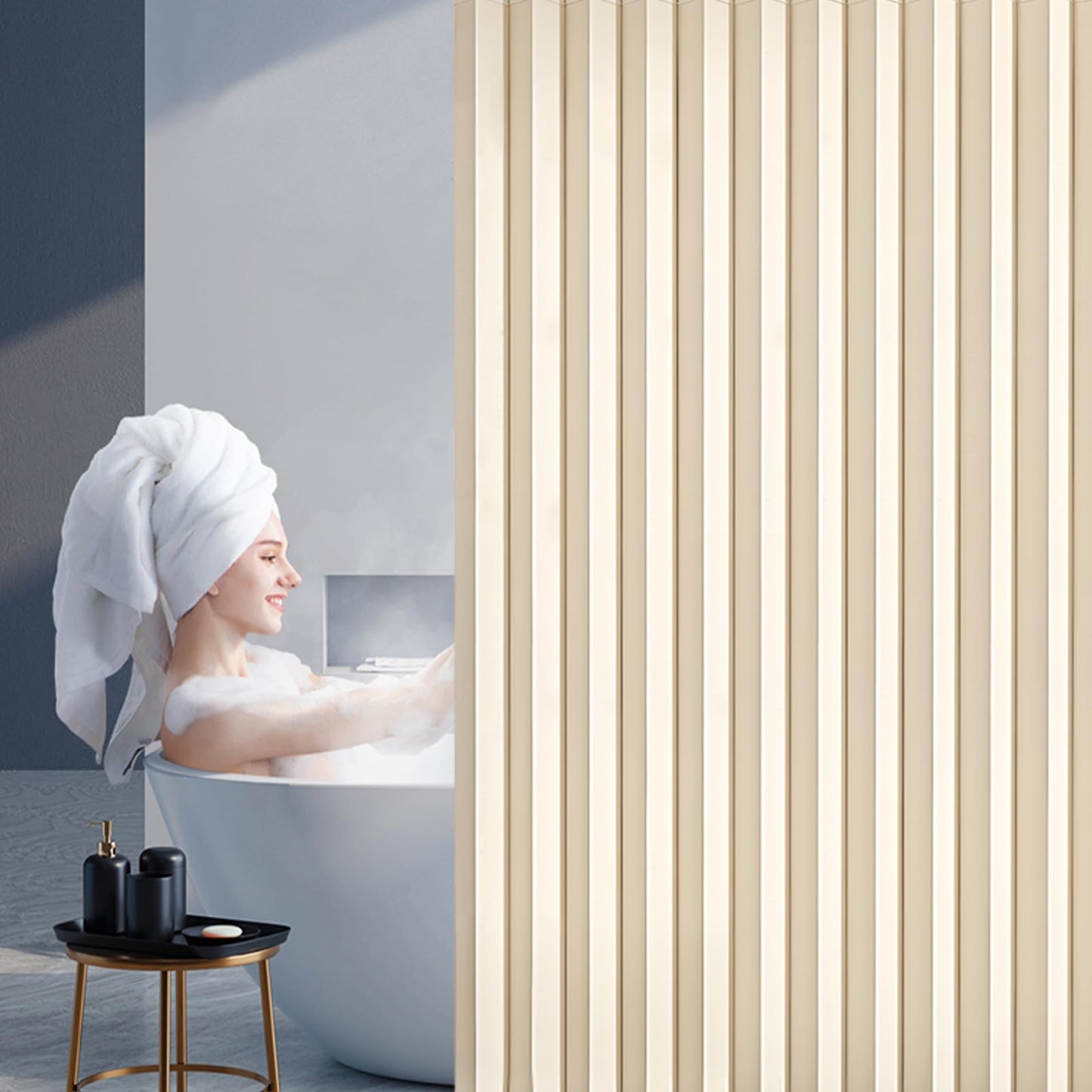 South to East Waterproof Shower Curtain for Bathroom, Folding Fabric Shower Curtain with Magnets, No Liner Required, 72x72 Inch Heavy Duty Thick Magnetic Shower Curtains, Stainless Steel Hooks, Beige