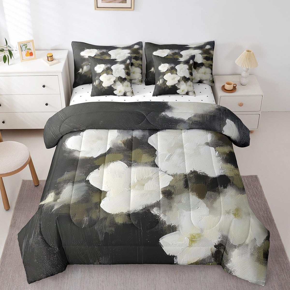 Erosebridal Oil Painting Flower Bedding Set for Kids Teens,Abstract Art Comforter Set Full Size,White Daisy (Comforter+Fitted+Flat Sheet+2 Pillowcases+2 Throw Pillow Covers) 7 Pieces Bed Set