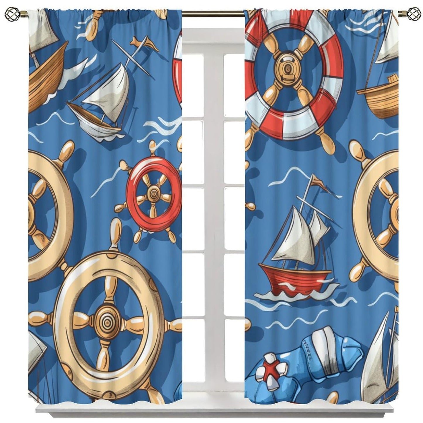 HDESDIS Cartoon Nautical Sailboat Blackout Curtains for Bedroom Living Room, Rod Pocket Ocean Boat Rudder Life Buoy Curtains Thermal Insulated Window Drapes 2 Panels, Each 21W x 45L