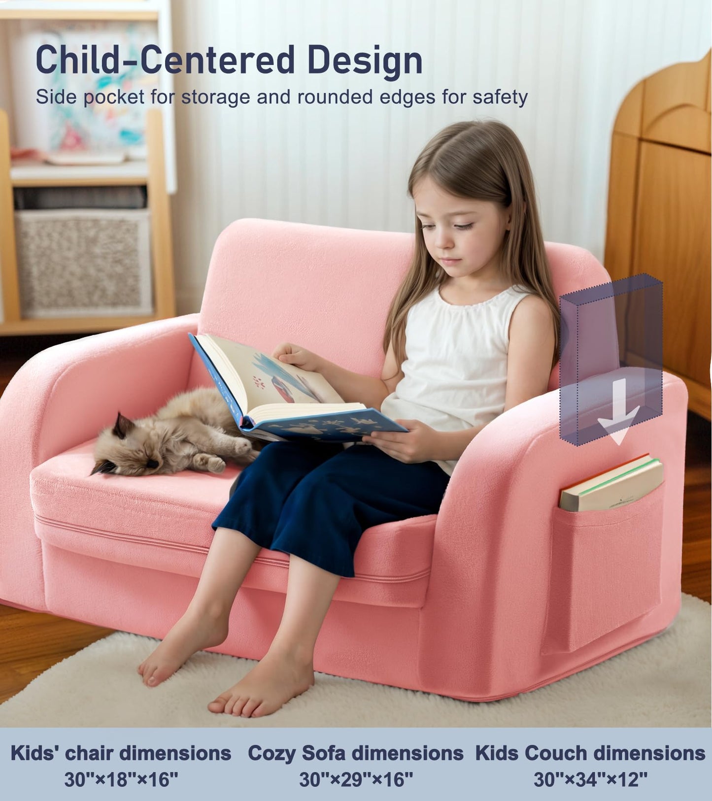 little dove 3-in-1 Extra Wide Convertible Kids Couch, Flip Open Kid Sofa, Machine-Washable Kid Couch for Girls, Kids Sofa for Fun Playtime, Pink