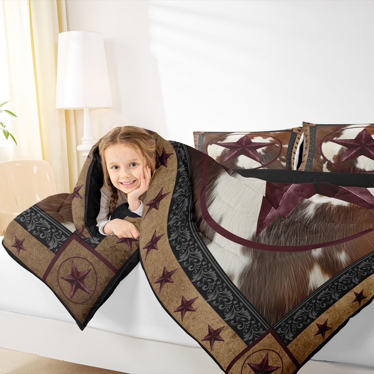 jejeloiu Western Texas Star Comforter Set Queen Size Cowhide Bedding Set for Kids Boys Girls Farmhouse Rustic Duvet Quilt Cow Fur Print Bedroom Decor Microfiber 3 Pcs with 2 Pillow Cases