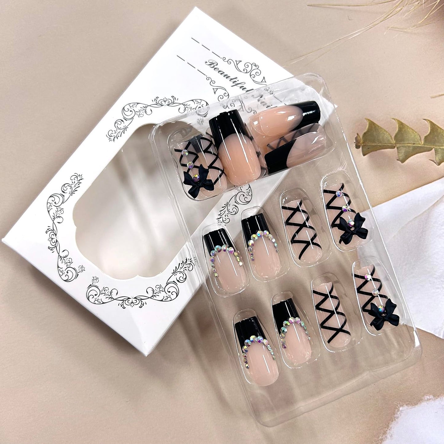 24Pcs Black French Press on Medium Square Bow Tie False Nails - Rhinestones Design Full Cover Coffin Artificial Stick on Acrylic Nails - Reusable Glue on Manicure Kit for Women