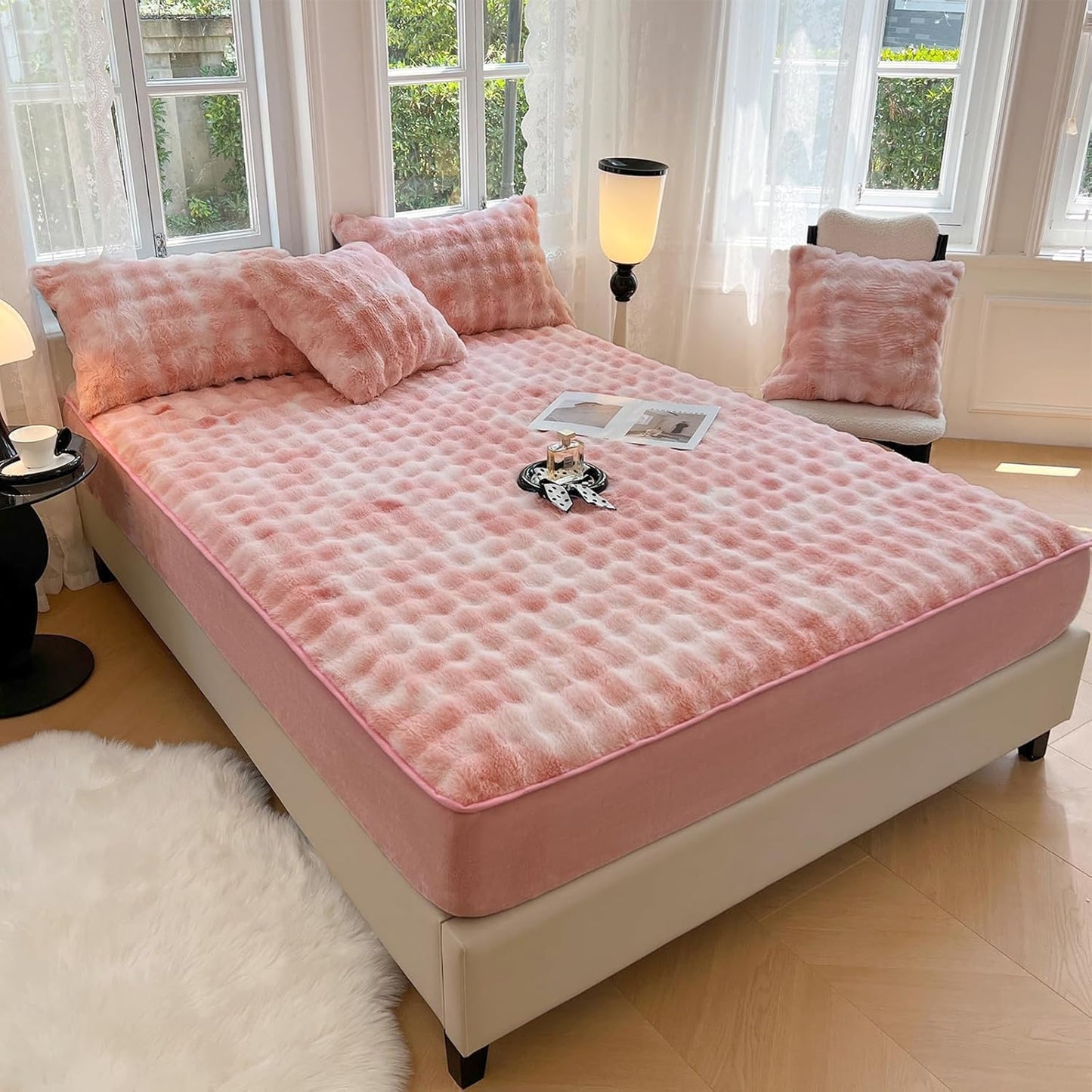 Plush Shaggy Fitted Sheet Full Size-Velvet Fitted Sheet Faux Fur Bottom Sheet with 15" Deep Pocket, Flannel Warm Tie Dyed Mattress Cover,No Pillowcases,Pink