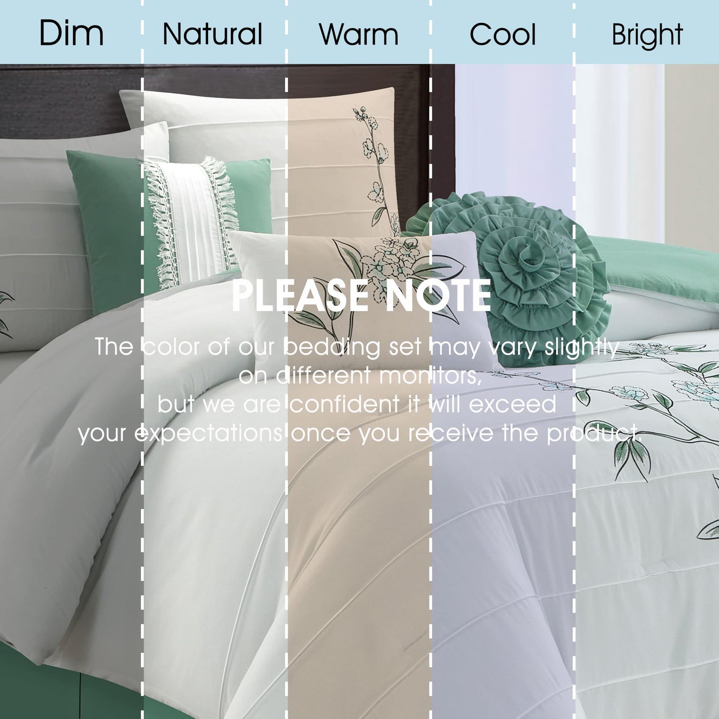 LANCO MODERN LIFESTYLE 7 Piece California King Comforter Set, Green White, Floral Embroidery, Microfiber Pleating Bedding Set for All Seasons with Comforter, Bed Skirt, Pillow Shams and Decor Pillows