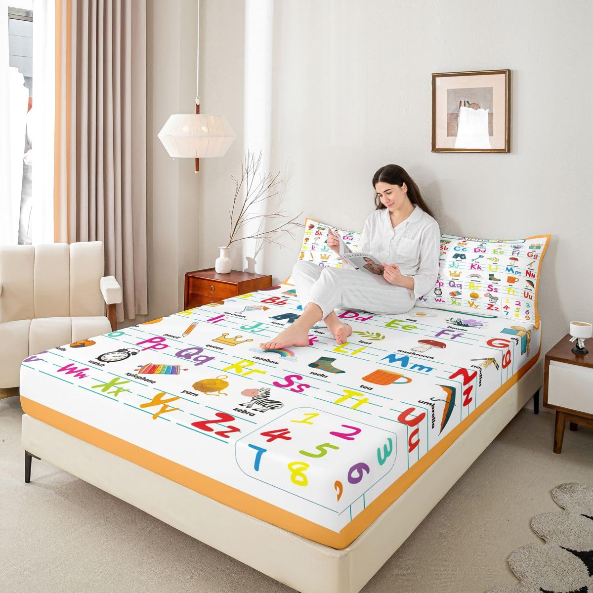 ABC Alphabet Bed Sheet Set Twin Size, Cute Educational Learning Tool Fitted Sheet for Kids Toddler Cartoon Animal Bedding Set Learning Educational Bed Cover Lightweight Bed Set (No Flat Sheet)