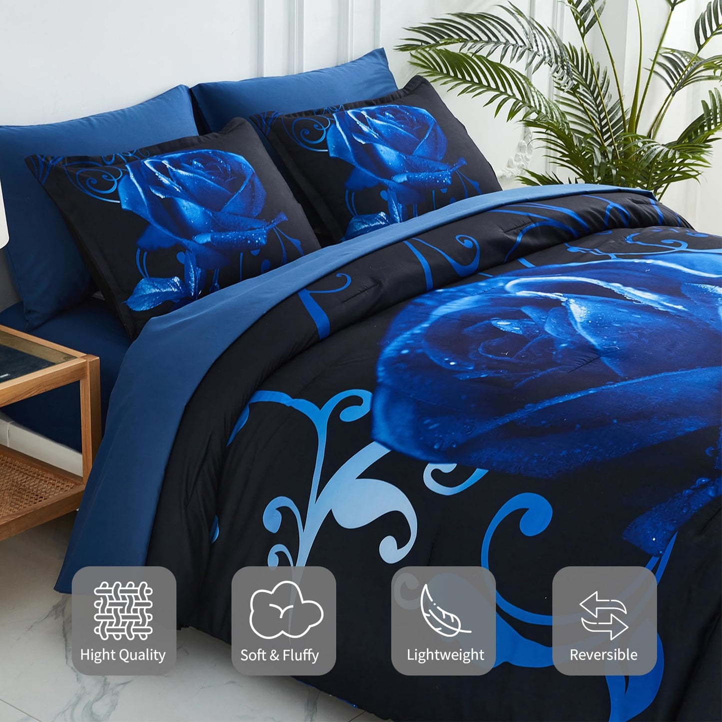 Xruibed Blue Comforter Set King 7 Piece Bed in a Bag Blue Rose Comforter with Sheet Set Soft Micorfiber Reversible Bedding Set (1 Comforter,2 Pillow Shams,1 Flat Sheet,1 Fitted Sheet,2 Pillowcases)