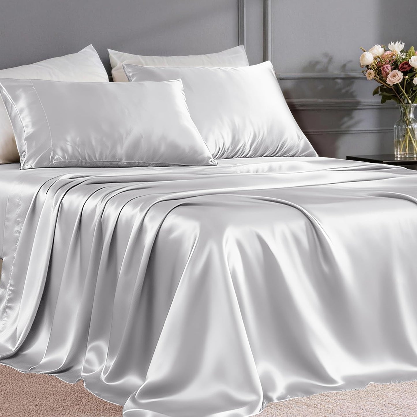 FreshCulture Satin Sheets Full Size - 4 Piece Luxury Soft Silky Full Size Bed Sheets, Similar to Silk Bed Sheet Set with 1 Deep Pocket Fitted Sheet, 1 Flat Sheet & 2 Pillowcases (Silver Grey)