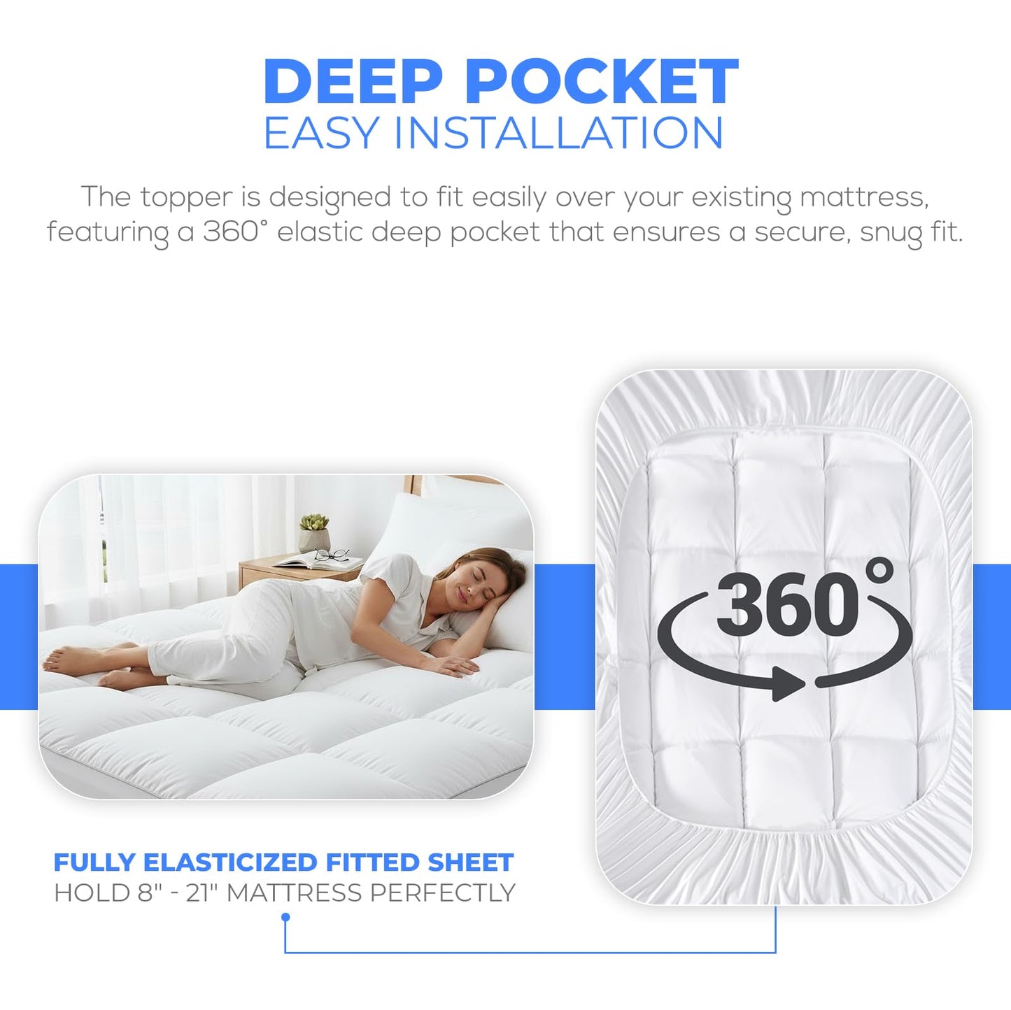 Extra Thick Cooling Mattress Topper – Pain-Reducing Mattress Pad, Soft Quilted Protector, Overfilled Down Alternative, Plush Pillow Top, Queen Mattress Size with Deep Pocket Fits 8–21 Inches