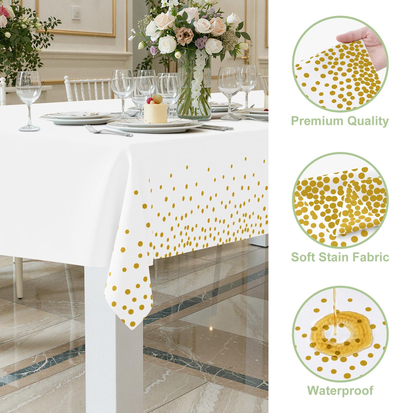 Smiry 3 Pack Dot Disposable Tablecloth, 54 x 132 Inch Waterproof Plastic Table Cloth, Decorative Table Covers for Picnic, Birthday, Party, Outdoor, Gold in White
