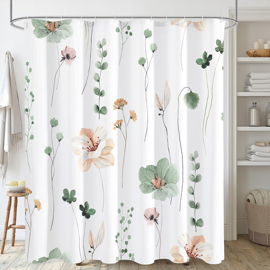 Gibelle Watercolor Floral Shower Curtain, Sage Green Beige Flower Shower Curtain for Bathroom, Modern Minimalist White Waterproof Fabric Shower Curtain Set 72x72 Inch