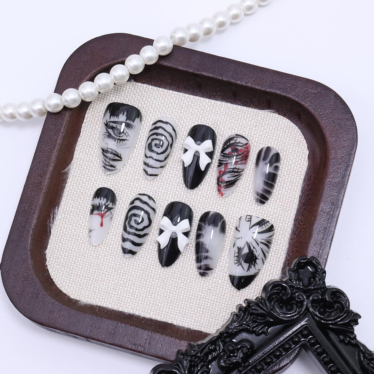 24Pcs Black Gothic Press on Nails Medium Almond Fake Nails with 3D Bow Design Y2k False Nails Glossy Full Cover Artificial Glue on Nails Eye Vortex Handmade Stick on Nail for Women Manicure Decoration