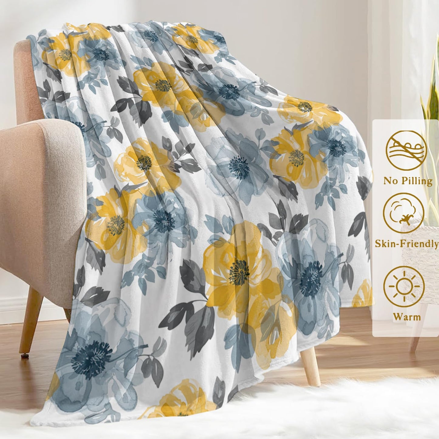 ainori Elegant Floral Throw Blanket 50x60 in, Chic Yellow Blue Flower Blankets for Couch Bedroom Living Room Indoor Decor, Lightweight Soft Cozy Bedding Birthday Gift for Kids Boys Adults