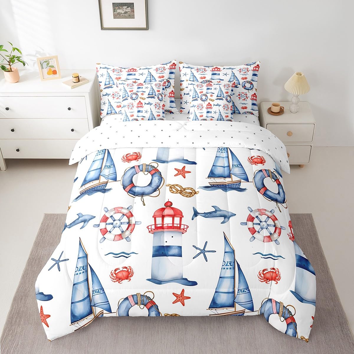 Erosebridal Lighthouse Comforter Set 7 Piece Bed in a Bag Twin,Nautical Rope Knot Bedding Sets Ocean Sailboat Steering Wheel Crab Lifebuoy Whale Sheet Set with Comforter
