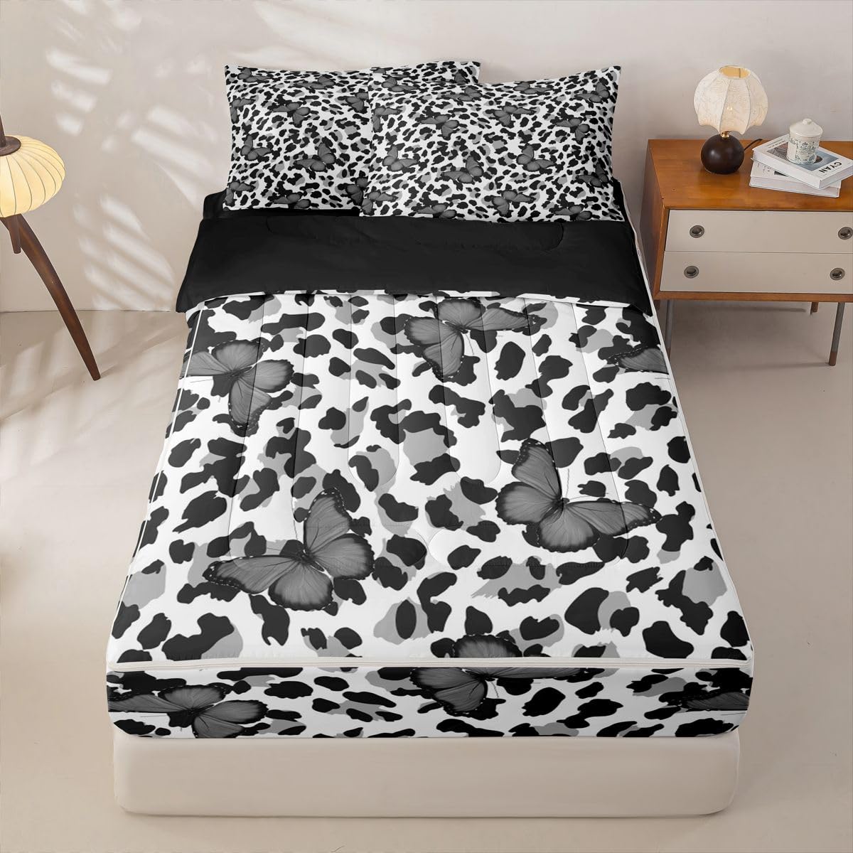Feelyou Leopard Print Queen Zipper Bedding Set Black Gray Butterfly Kids Comforter Set with Fitted Sheet and 2 Pillowcases Girl Butterflies Bed in a Bag Zip Up Bedding Soft Microfiber