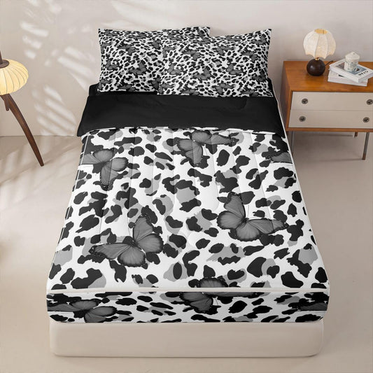 Feelyou Leopard Print Queen Zipper Bedding Set Black Gray Butterfly Kids Comforter Set with Fitted Sheet and 2 Pillowcases Girl Butterflies Bed in a Bag Zip Up Bedding Soft Microfiber