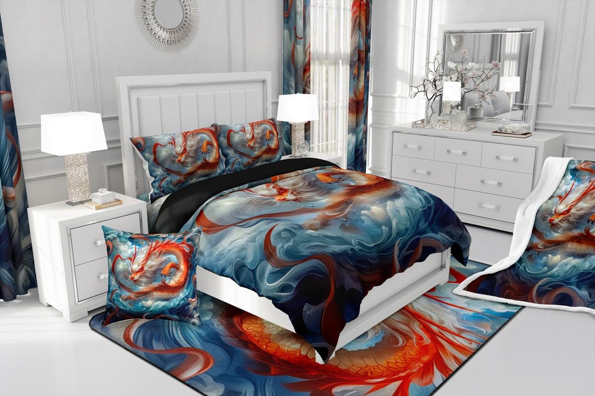 Feelyou Dragon Monster Bedding Sheets Full Red Mighty Dragon Bed Sheet Set for Adult Kids Classical Monster Fitted Sheet Wild Animal Bed Cover 3Pcs,1 Fitted Sheet+2 Pillow Sham（No Flat Sheet）