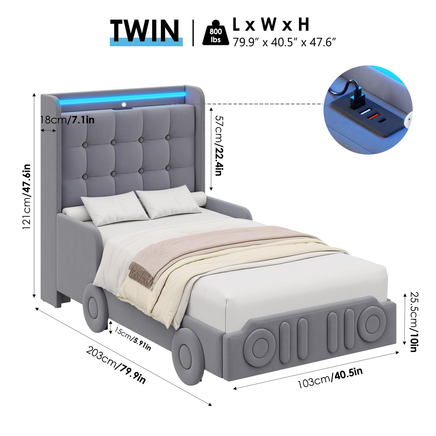 Keyluv Twin Car Bed Frame with LED Lights and Charging Station, Upholstered Platform Bed with Button Tufted Headboard and Wheels, No Box Spring Needed, Noise-Free, Easy Assembly, Velvet Grey
