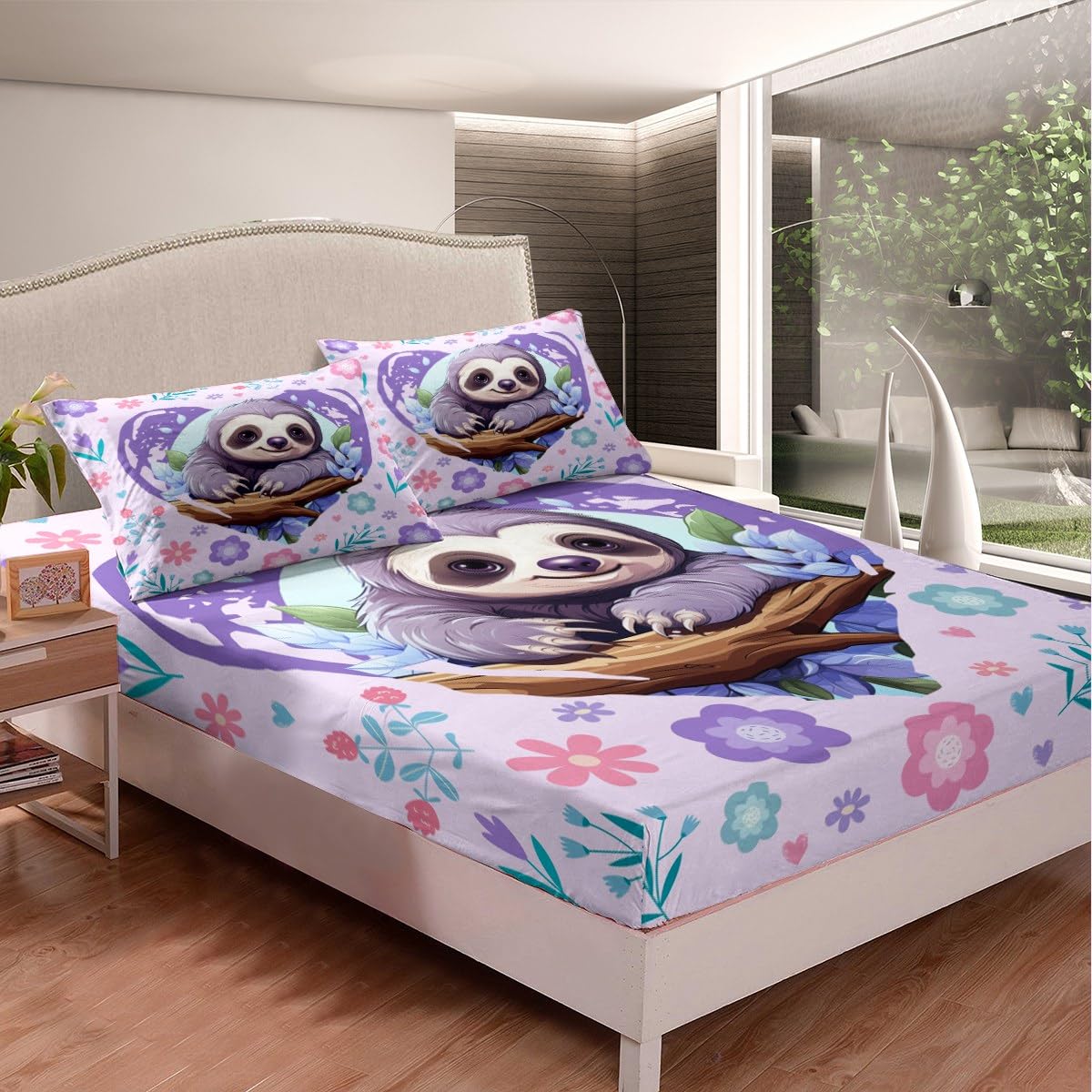 Manfei Cute Sloth Bed Sheet Set Twin Size,Kawaii Wild Animal Jungle Branch Sheet Set Kids Teens,Nature Flowers Leaves Graffiti Purple Bedding Set with 1 Flat & 1 Fitted Sheet with 1 Pillow