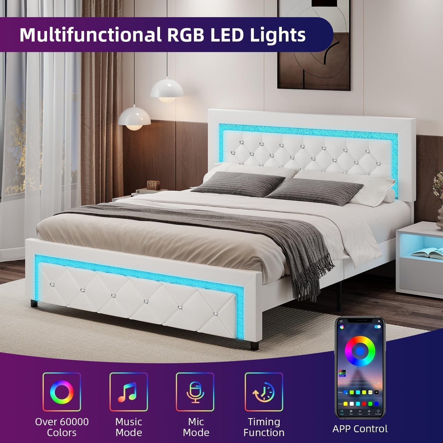 Full Bed Frame with LED Lights, Upholstered Platform Bed with Diamond Tufted Headboard, No Box Spring Needed, Noise Free, Easy Assembly, White