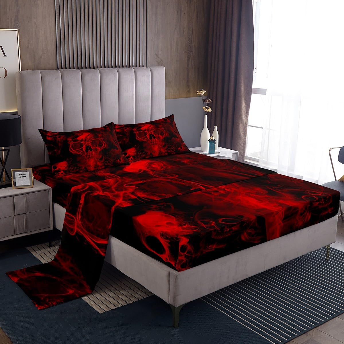 Gothic Skull Bed Sheets Red and Black Skeleton Sheet Set King for Boys Teens Men Women,Psychedelic Goth Skull Bedding Set Trippy Smoke Halloween Fitted Sheet + Horror Flat Sheet + 2 Pillow Cases