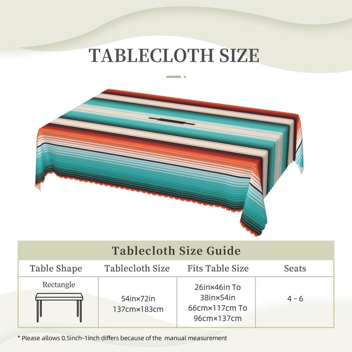 HEROARMOUR Rectangle Mexican Serape Turquoise Tablecloth Washable Boho Ethnic Striped Table Cover Table Cloth for Party Picnic Dinner Outdoors Home Decor 54x72Inches