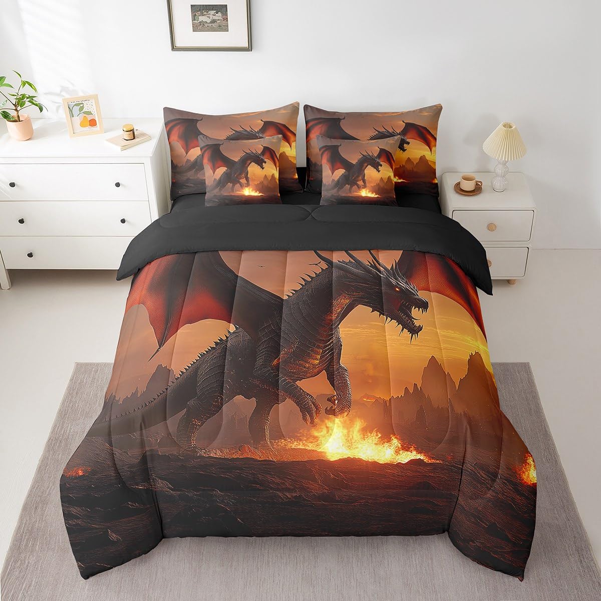 Erosebridal Fire Dragon Comforter Sets with Sheets - Wildlife Animal Theme Bedding Set Queen for Boys Girls 3D Wild Animal 7Pcs Bed in A Bag Fierce Dragon Bed Set
