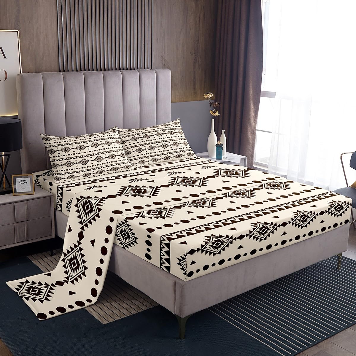 Erosebridal Western Aztec Bed Sheets Set Full Size, Bohemian Decor Flat Fitted Sheet for Boys Girls Women Men Bedroom, Exotic Tribal Bedding Set, Geometric Southwestern Farmhouse Bed Sets