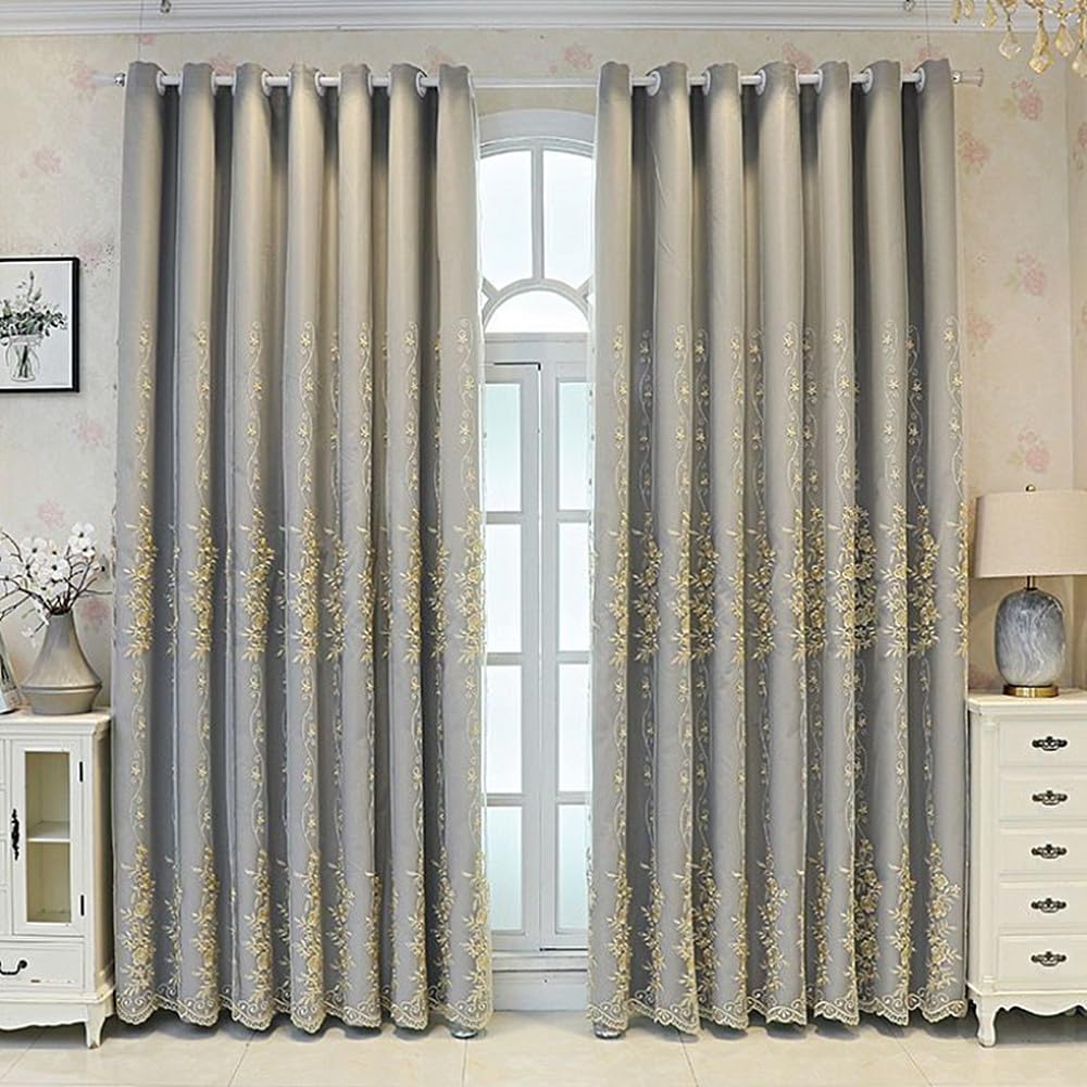 Amidoudou 1 Pair European Double Layer Curtains for Living Room Rose Shaped Embroidered Curtains for Bedroom (Grey,54x96 Inch)
