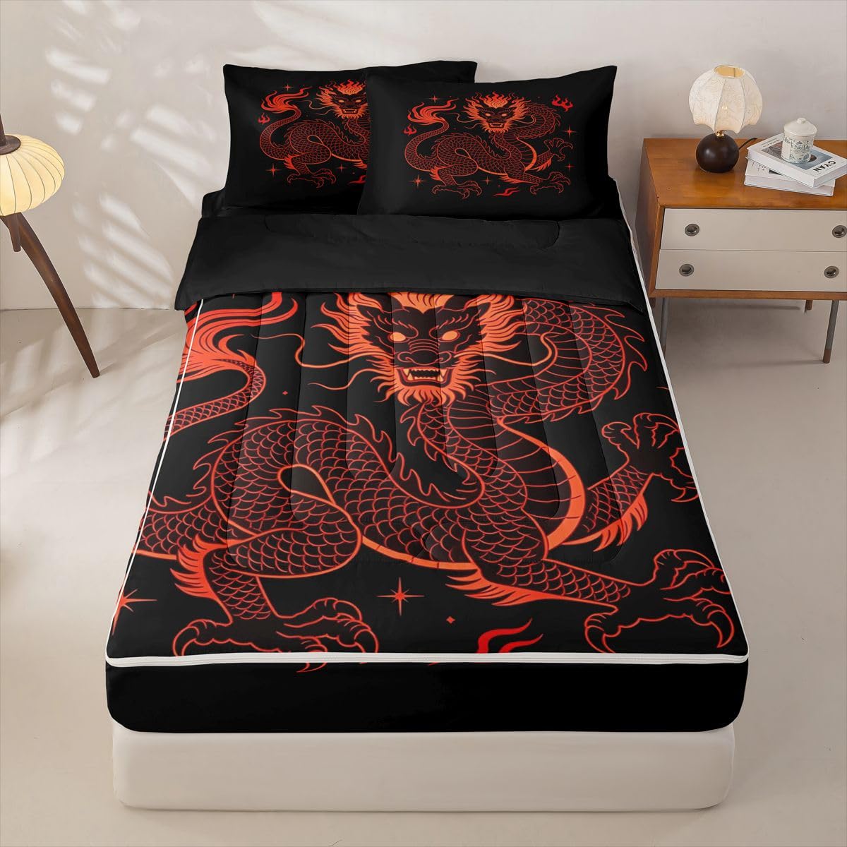 Erosebridal Japanese Style Dragon Kids Full Zipper Bedding Set Red Black Comforter Set with Fitted Sheet for Boys Girls Teen Exotic Animal 3 Pcs Bed in a Bag Set Vintage Wildlife Zip Up Bedding Sets
