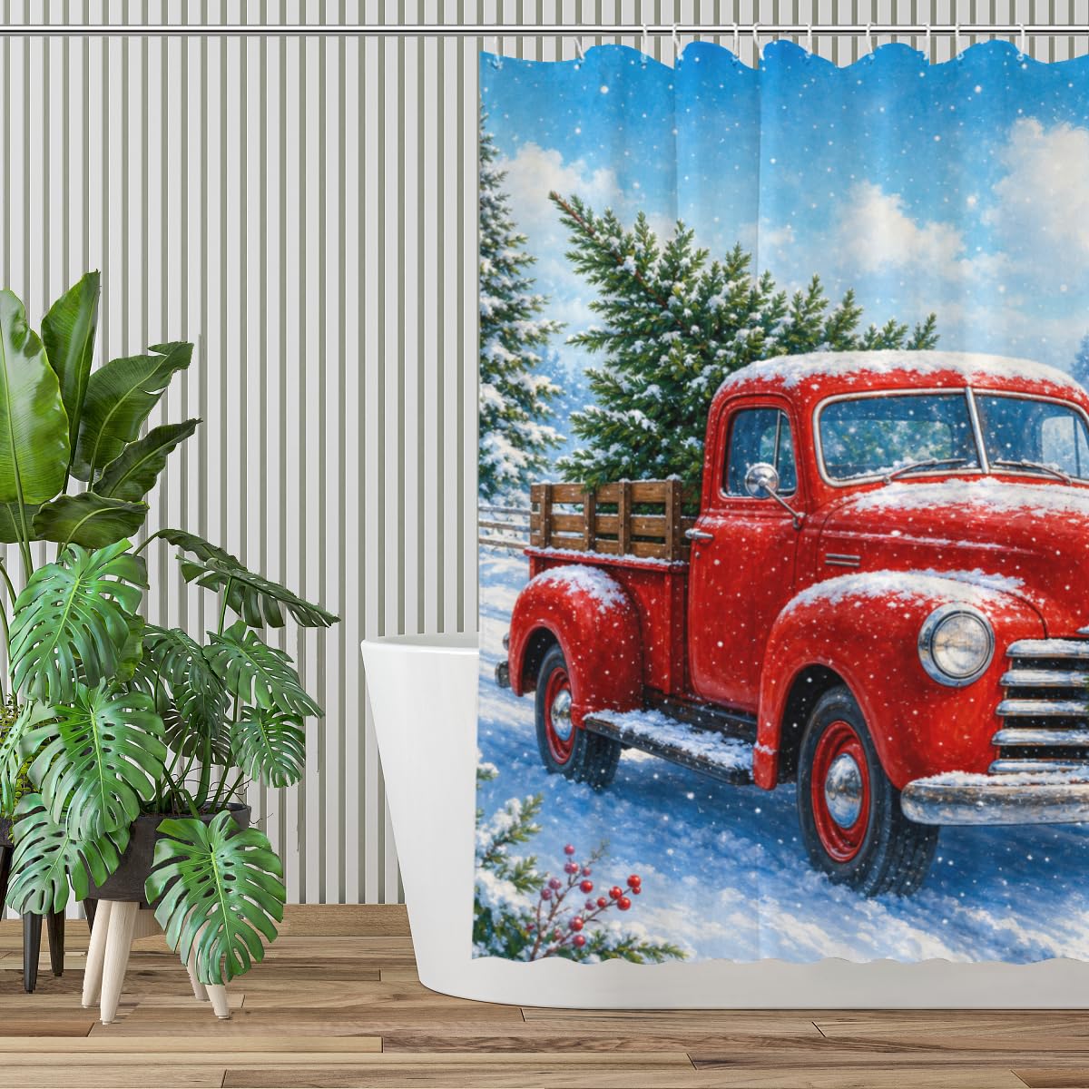 TopPacific Winter Red Truck Shower Curtain 72x72 Inch Shower Curtain with 12 Hooks Polyester Red Truck Wreath Snow Barn Pine Trees Bathroom Decor
