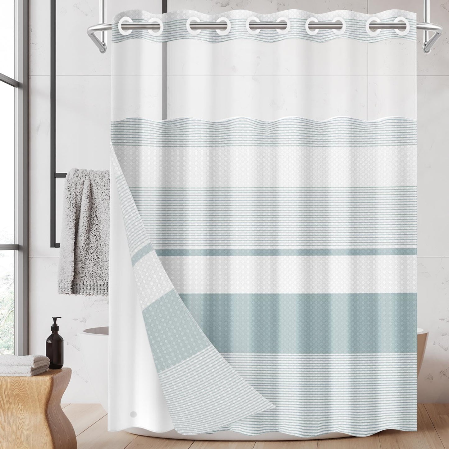 Nesphy No Hook Shower Curtain with Snap in Fabric Liner Set, Teal Striped Waffle Weave Ombre Heavy Duty Bathroom Curtain Set Sheer Mesh Top Waterproof Double Layers Hotel Style, 71x74 Inch