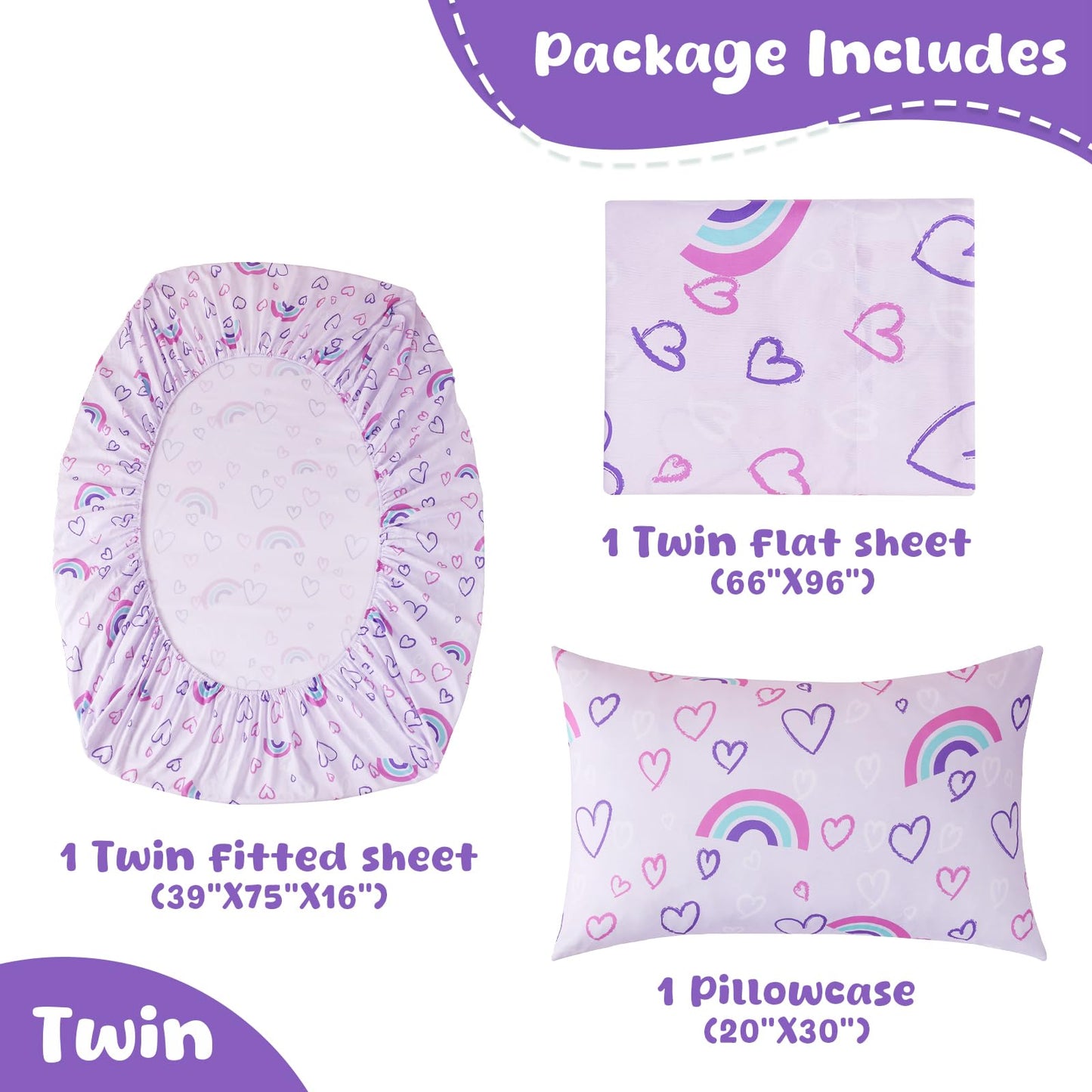Swiftify Twin Sheet Set Kids, Rainbow Hearts Purple Sheets, 3-Piece Bed Sheet Set for Boys & Girls, Soft Brushed Microfiber Bedding, Deep Pocket, Wrinkle & Fade Resistant