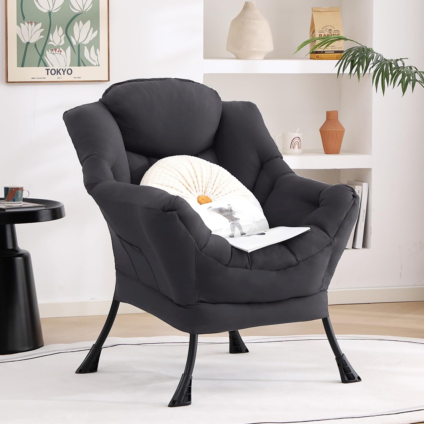 HomEastlly Lazy Chair, Large Accent Chair, Modern Comfy Armchair, Dark Grey Chair for Living Room Bedroom Dorm Room Office Apartment Reading Relaxing Use