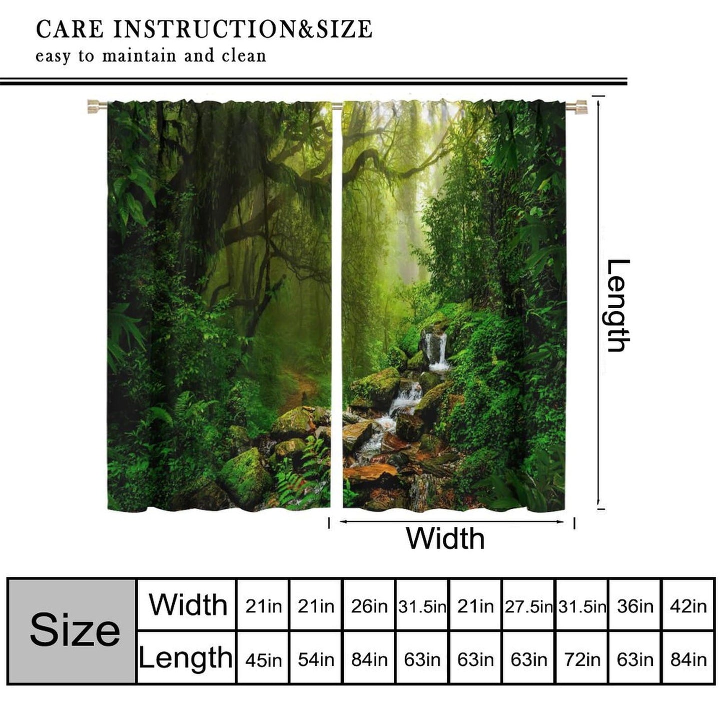 AuiMzoo Forest Blackout Curtains, Natural Tropical Waterfall Jungle River Rainforest Landscape Scenic Print, Bedroom Living Room Kitchen 21" W x 45" L