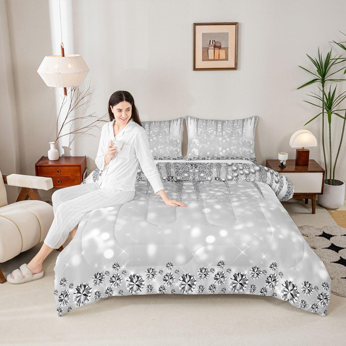 Grey Glitter Comforter Set Queen Size,3D Diamond Pearls Silver Bedding Sets for Kids Teens Girls Women Room Decor Luxury Sparkling Jewelry Quilt Set Starlight Galaxy Duvet Insert,2 Pillowcases