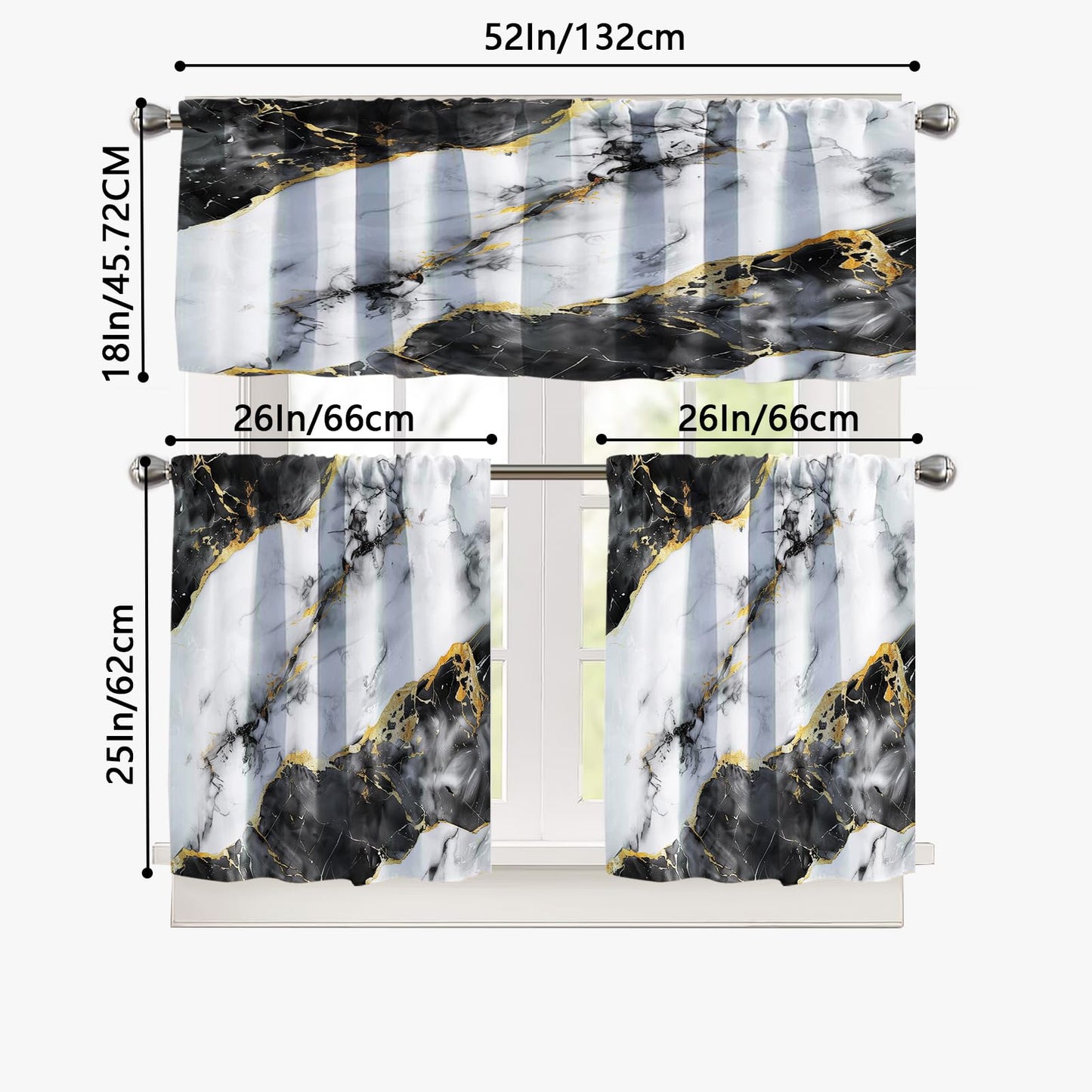 Modern Kitchen Tier Curtains and Valance Set, 3 Piece Semi Sheer Window Curtains, 2 Tier Panels 52W x 24L + Valance 52W x 18L, Light Filtering Rod Pocket Curtains for Kitchen, Bathroom (Black Marble )