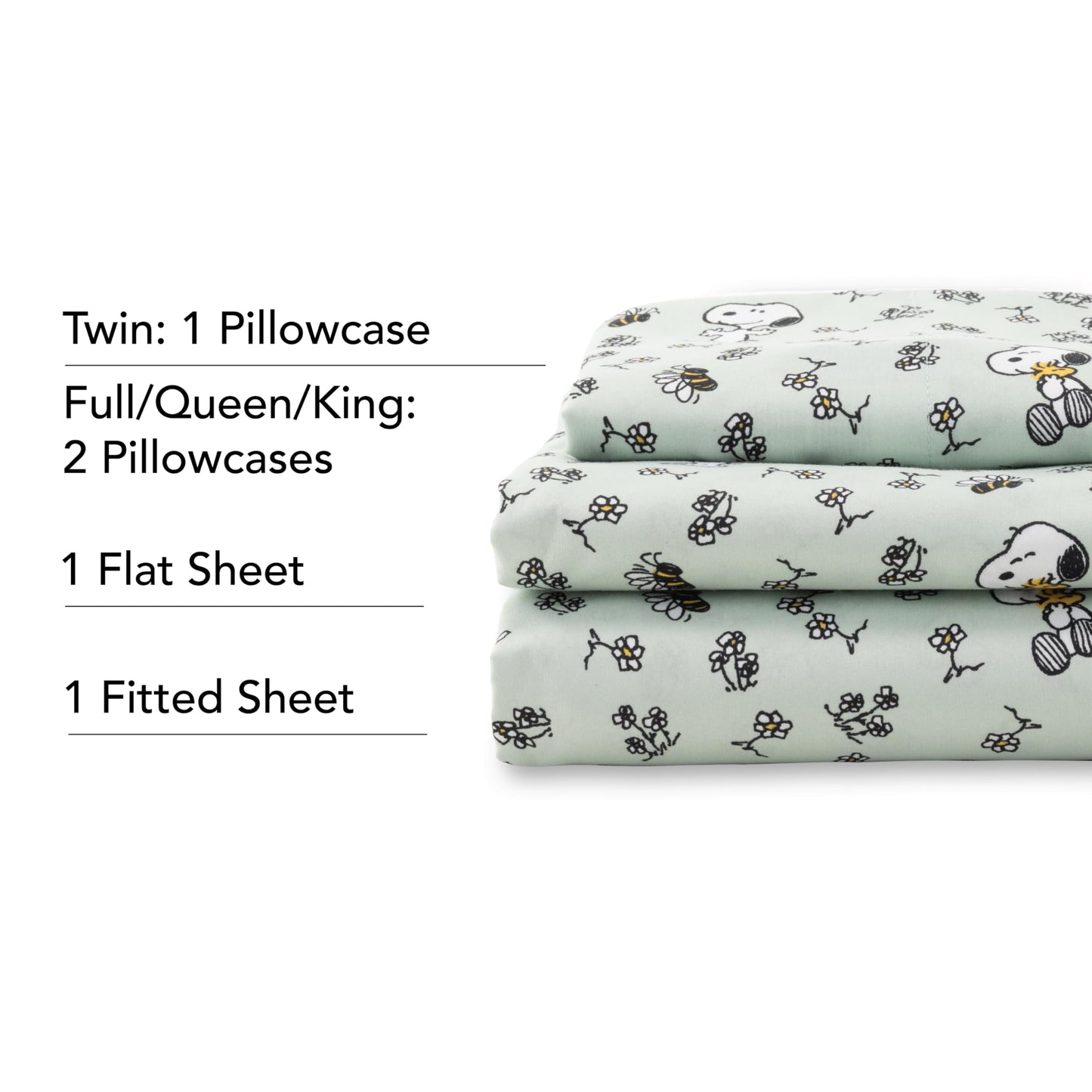 Berkshire Blanket Peanuts® Kids Sheet Set Full Size - 4 Pieces,Cute Character Snoopy Printed Soft Microfiber Bed Sheets,Mini Snoopy & Woodstock New Flower and Bees Sage