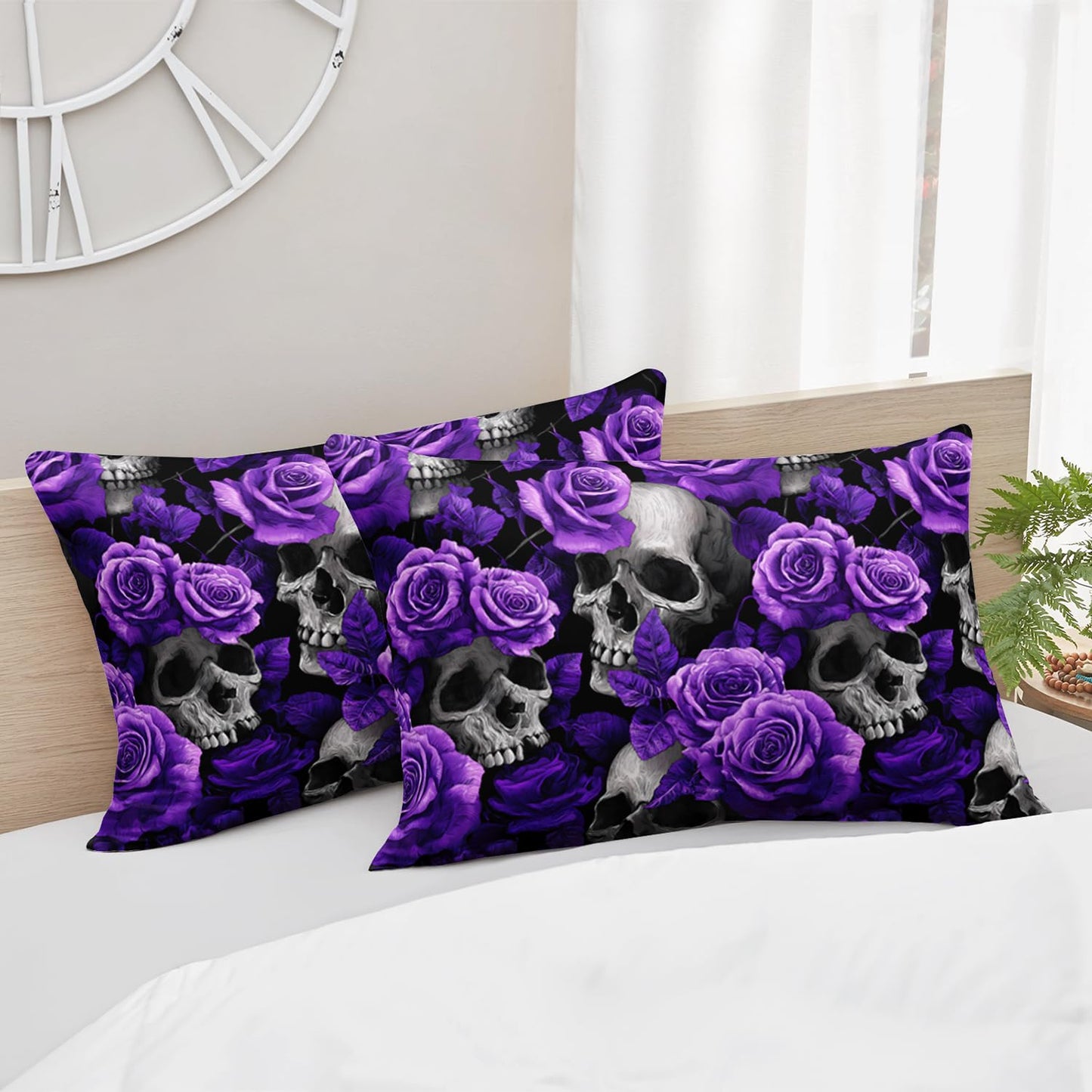 HOSIMA Death Skull Fitted Sheet Full,Skull Head and Flowers Printed Gothic Bedding,Horror Themed Floral Bedding for Girls Women Halloween Room Decor,1 Fitted Sheet+2 Pillowcases.