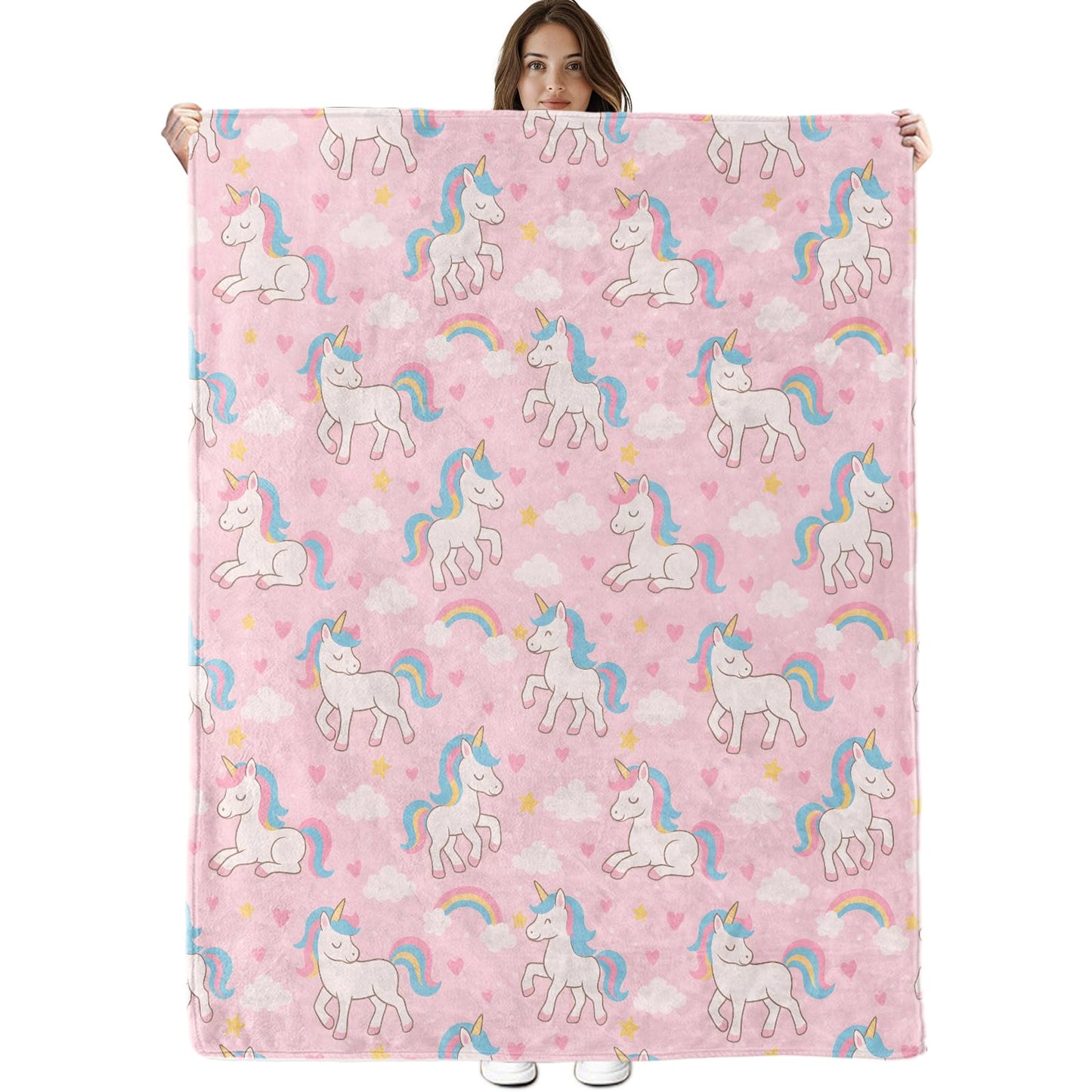 Cute Unicorn Blanket, Lightweight Cozy Rainbows, Stars, Hearts and Clouds Throw Blanket Gifts for Women Girls Kids, 50×60 Inch Soft Warm Flannel Throws for Bed Decor Travel Couch