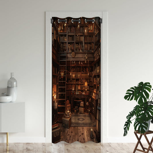 Vintage Bookshelf Bookcase Door Curtains for Doorways, Old Retro Library Blackout Curtain for Kids Bedroom Closet, Grommet Thermal Insulated Privacy Door Drapes for Room Divider, 34"W x 80"L