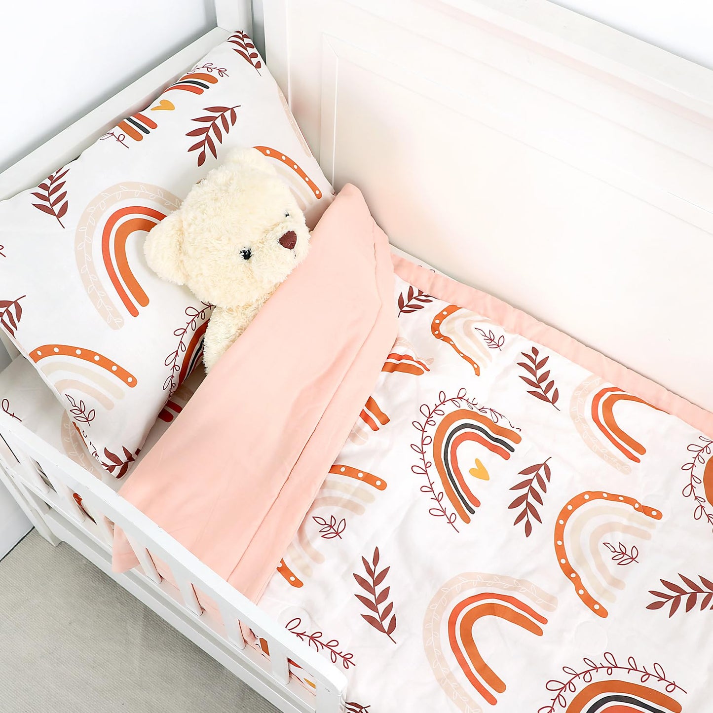 Pea Pod Muslin Toddler Bedding Set Rainbow 3-Piece - Soft Breathable Crib Bedding with Fitted Sheet, Quilt & Pillowcase for Infant & Kids Bed | Machine Washable Nursery Bed Set