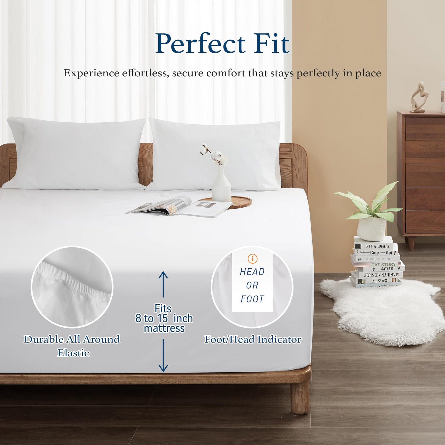 HOMTEC 100% Cotton Percale Fitted Sheet California King Size, 8-15" Deep Pocket Cooling Bottom Sheet, Breathable Soft & Crisp Fitted Sheet Only with 4 Corner Straps (Cal King, White)