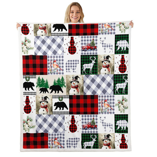Erosebridal Xmas Snowman Fleece Blanket Christmas Deer Sherpa Blanket 90"x90", Cute Bird Cardinal Rustic Farmhouse Country Grizzly Bear Fuzzy Plush Throw