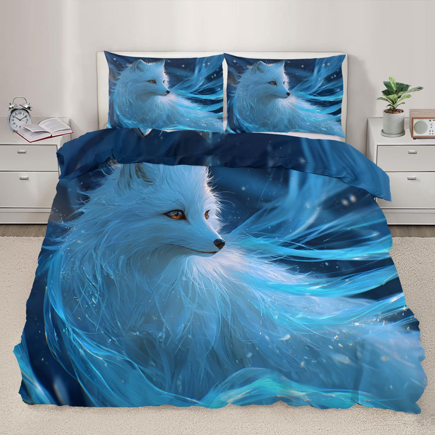 ZAOMIR White Fox Print Duvet Cover Set 3Pcs Reversible Soft Microfiber Fantasy Animal Bedding Set Twin Size Starry Animal Comforter Cover with 2 Pillowcases