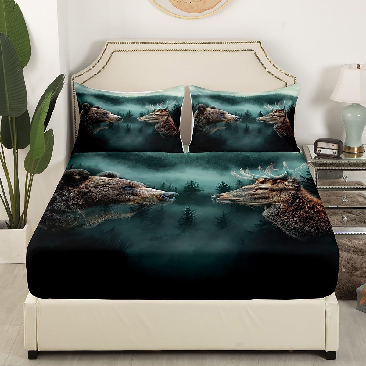 Castle Fairy Bear and Deer Bed Sheets Full Size,Hunting Wild Animals Bedding Set 4Pcs,Jungle Pine Tree Fitted Sheet for Kids Boys Men Adult Room Decor,Camping Adventure Top Flat Sheet,2 Pillowcases
